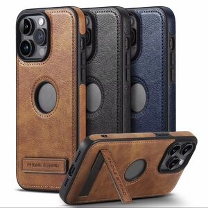 16 Pro Max Leather Phone Case with Stand - Brown